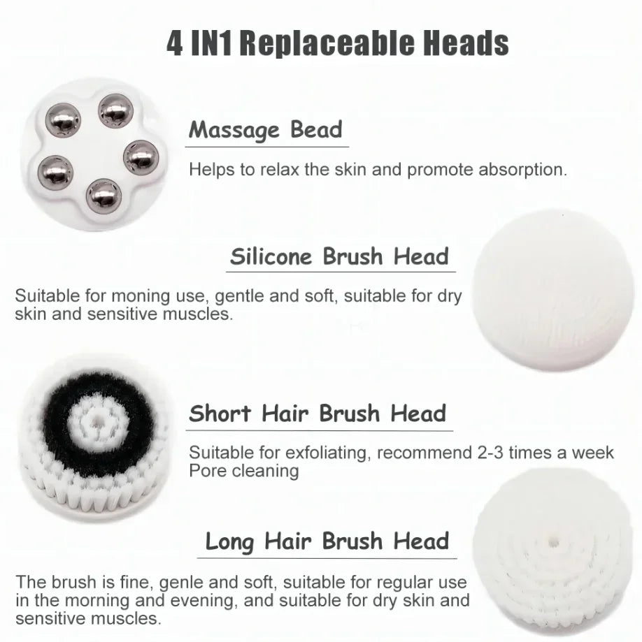 Brosse Nettoyante Visage Électrique 4-en-1 — Waterproof IPX7, Massage & Exfoliation
